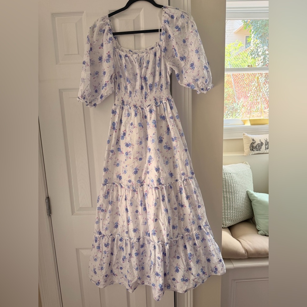 LoveShackFancy White and Blue Floral Off-Shoulder Maxi Dress - Picture 2 of 6